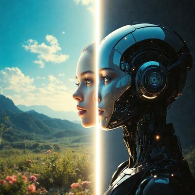 The primary subject of the image is a woman's face, with her eyes and mouth visible. The setting is a beautiful outdoor scene with a field of flowers and mountains in the background. The visual style is a combination of photo and digital art, creating a surreal and futuristic atmosphere. The colors are predominantly pastel shades, giving the image a serene and dreamy mood.